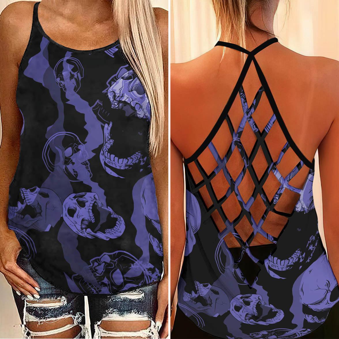 Purple Shadow Melting Skull Criss-Cross Open Back Tank Top, Trending T-Shirt For Women - Wonder Skull