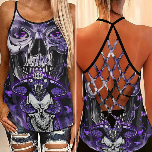 Purple Skull Girl Snake Criss-Cross Open Back Tank Top, Coolest T-Shirt For Women - Wonder Skull