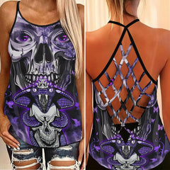 Purple Skull Girl Snake Criss-Cross Open Back Tank Top, Coolest T-Shirt For Women - Wonder Skull