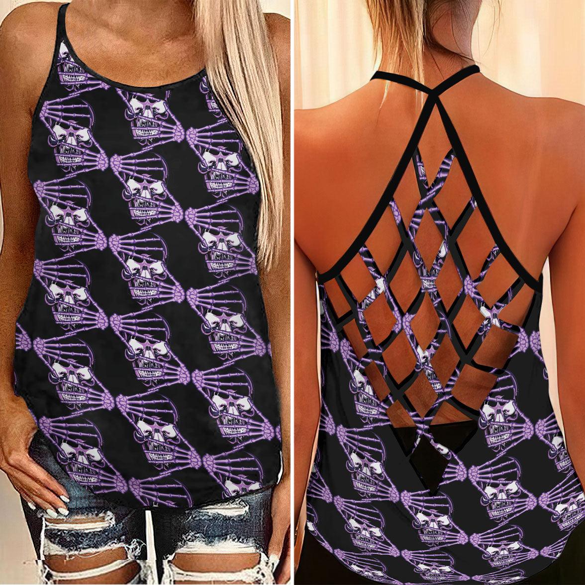 Purple White Skull Hand Criss-Cross Open Back Tank Top, Coolest T-Shirt For Women - Wonder Skull