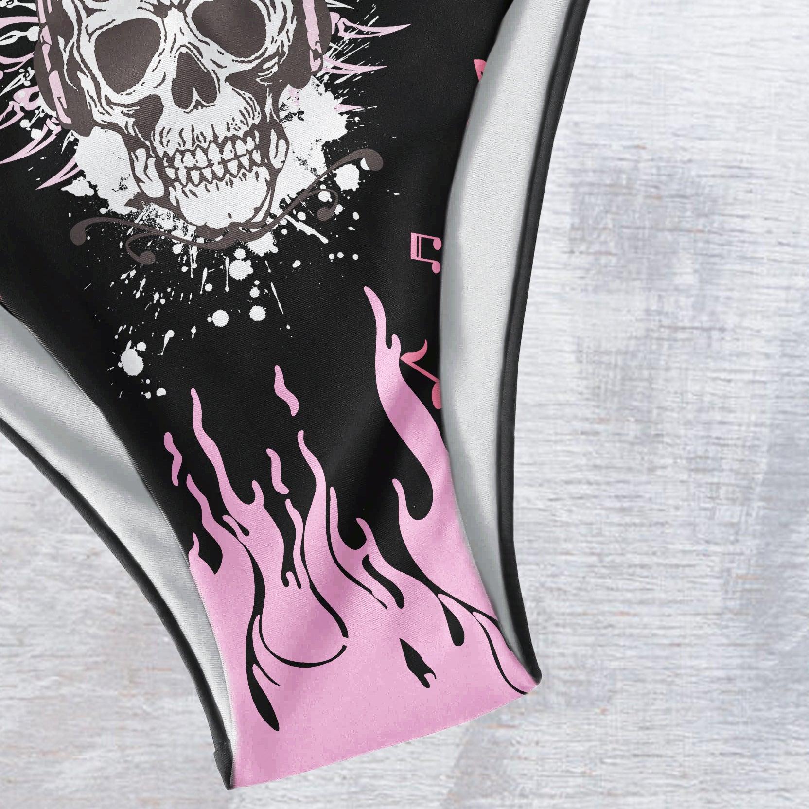 Pink Guitar Fire Skull Music Art String Triangle Bikini - Wonder Skull