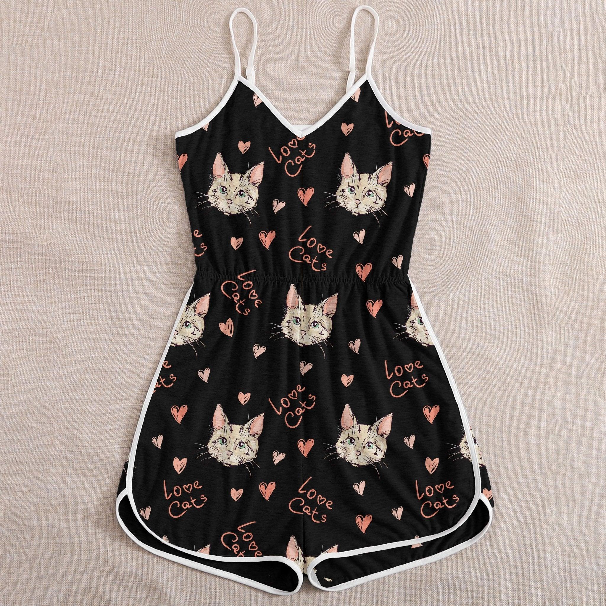 Cute Cat Printed Romper, Funny Sleevelesses Jumpsuit For Women - Wonder Skull