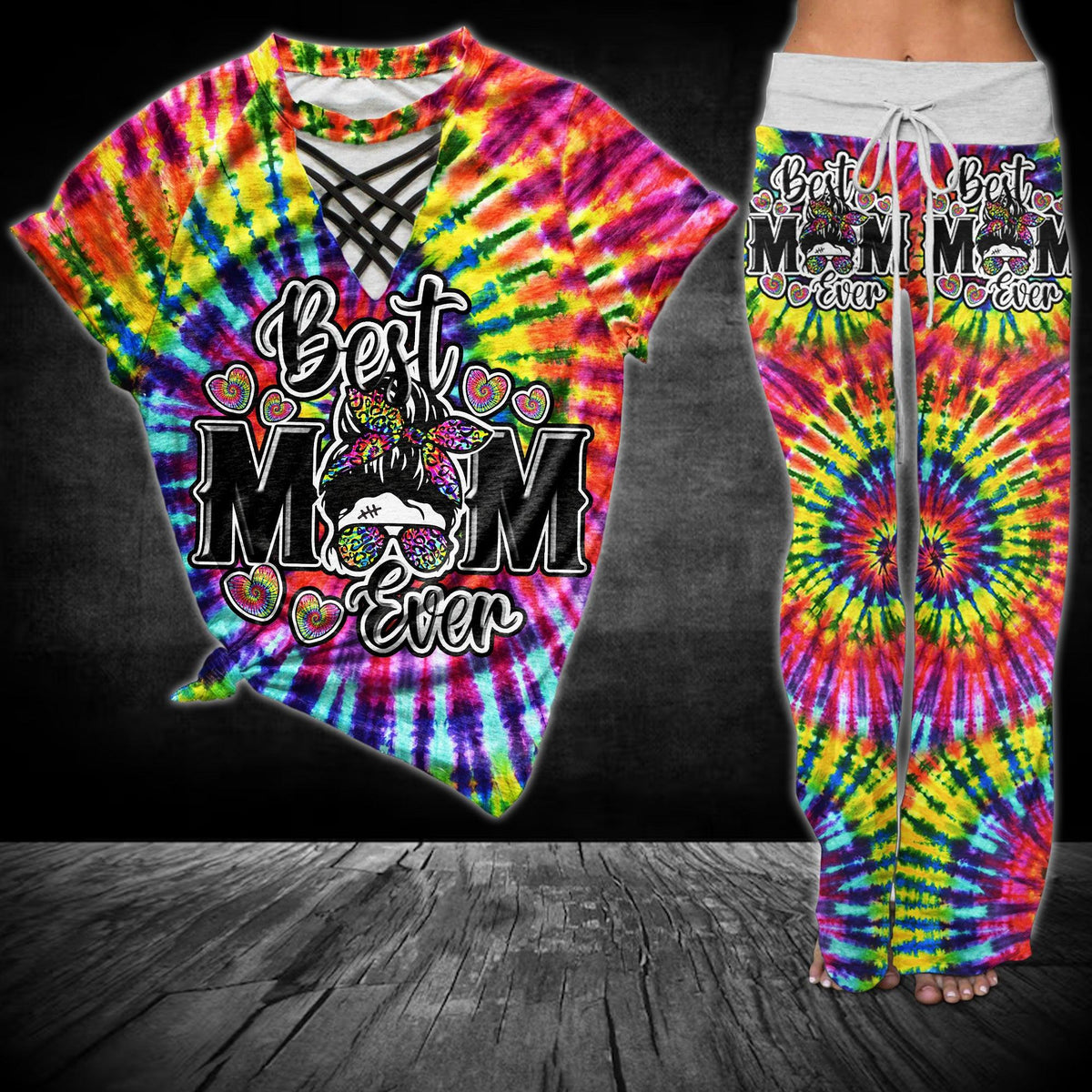 Rainbow TieDye Skull Mom V-Neck Shirt and Wide Legs Pants - Wonder Skull
