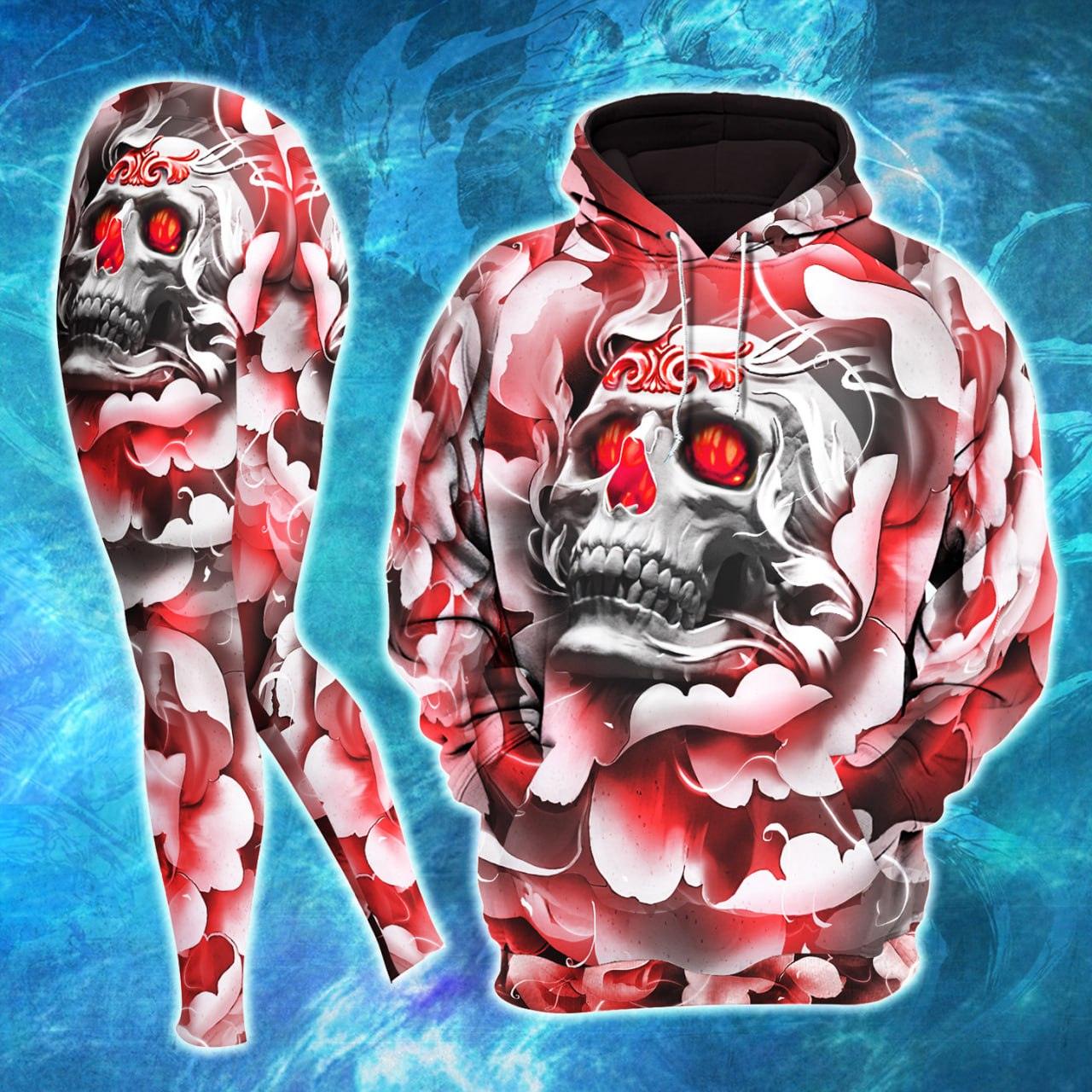 Red Pink Pastel Gothic Skull Artwork Combo Hoodie and Leggings - Wonder Skull