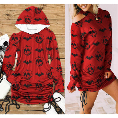 Red Bat Skull All Over Print Women One Shoulder Dress With Waist Shirring, Long Hoodie For Women - Wonder Skull