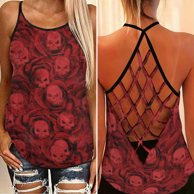 Red Fluid Skull Pattern Criss-Cross Open Back Tank Top, Coolest T-Shirt For Women - Wonder Skull