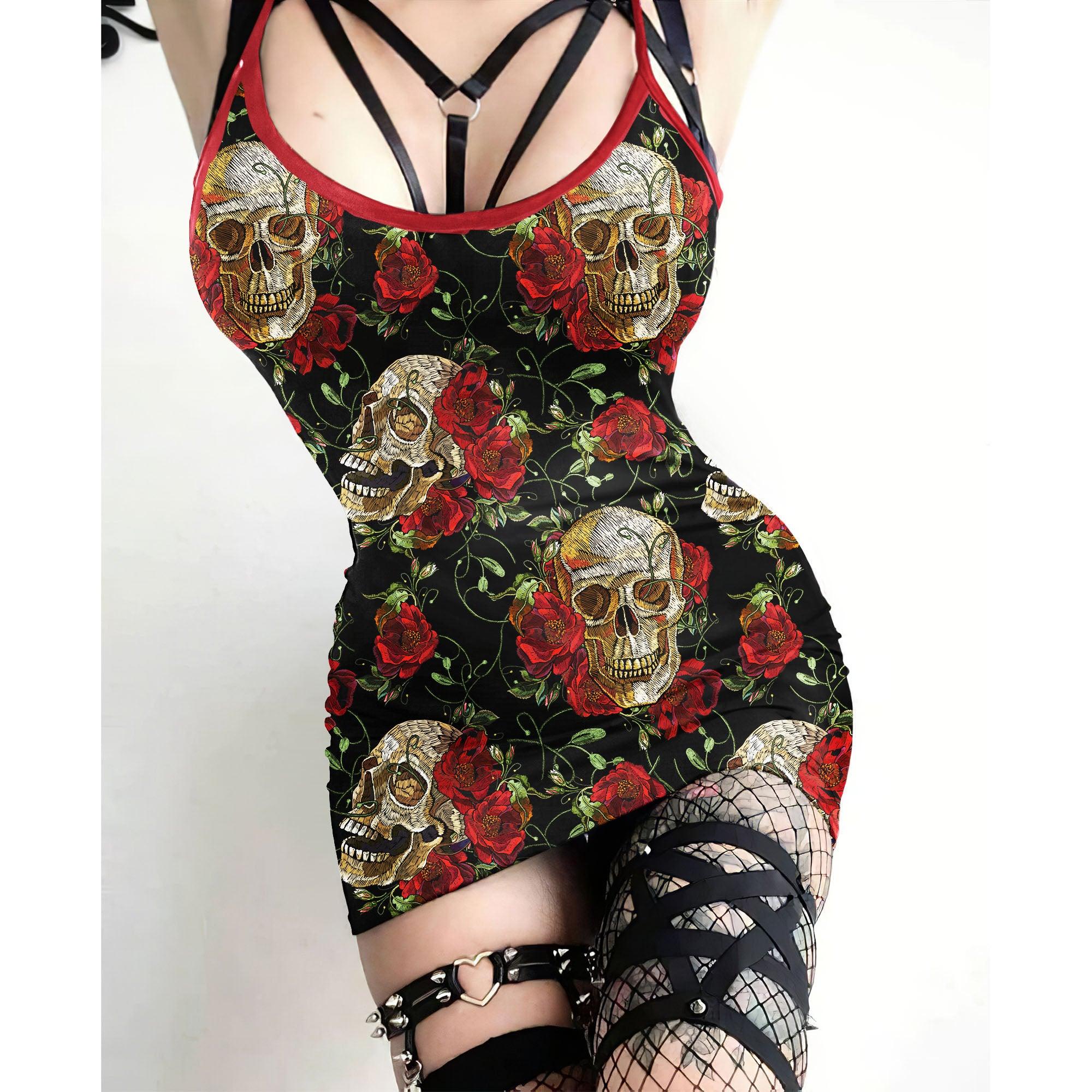 Red Skull Flower Pattern Printed Body Dress, Naughty Sleeveless Minidress For Women-Wonder Skull