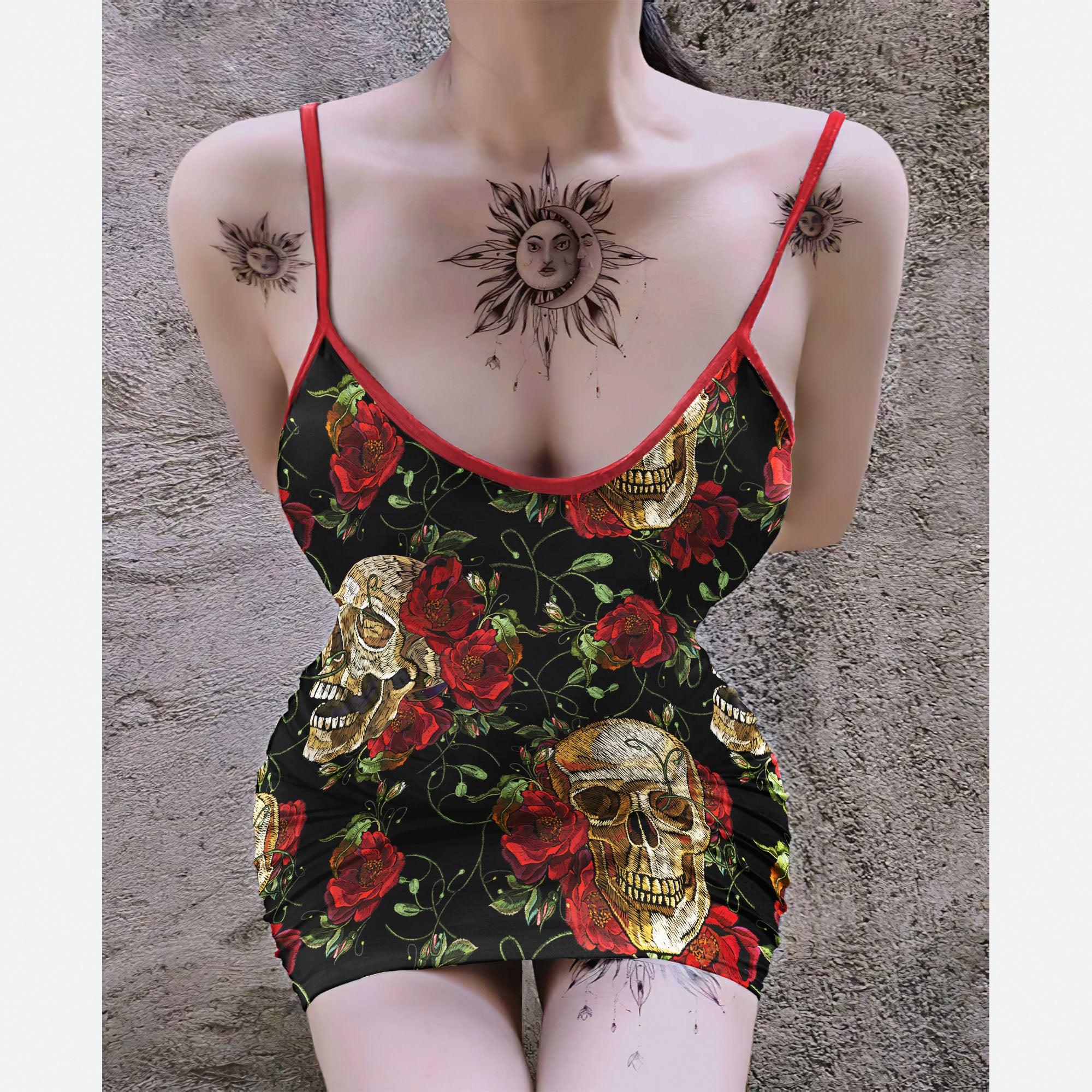 Red Skull Flower Pattern Printed Body Dress, Naughty Sleeveless Minidress For Women-Wonder Skull