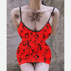 Red Skull Rose Ornament Pattern Printed Body Dress, Hot Sleeveless Minidress For Women - Wonder Skull 