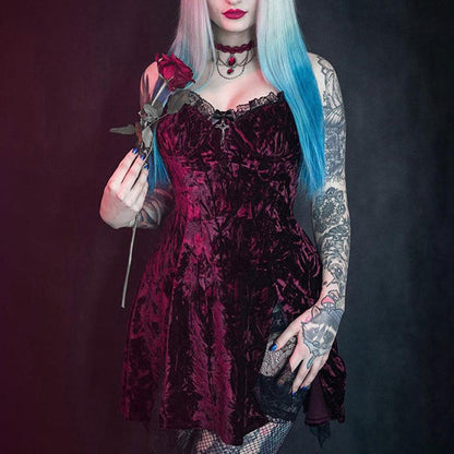Romantic Goth Velvet Dress, Elegant Lace Trim Nightclub For Women - Wonder Skull
