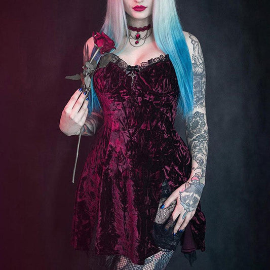 Romantic Goth Velvet Dress, Elegant Lace Trim Nightclub For Women - Wonder Skull
