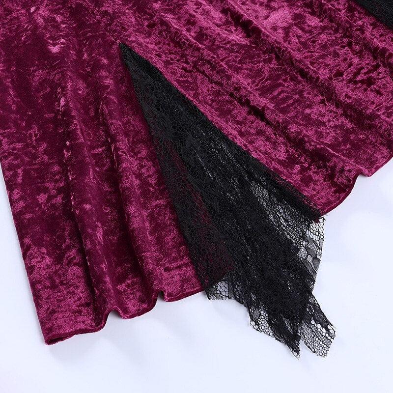 Romantic Goth Velvet Dress, Elegant Lace Trim Nightclub For Women - Wonder Skull