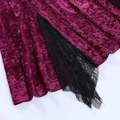 Romantic Goth Velvet Dress, Elegant Lace Trim Nightclub For Women - Wonder Skull