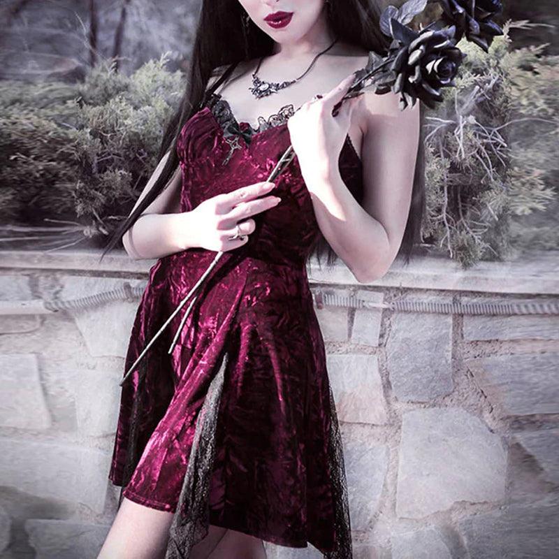 Romantic Goth Velvet Dress, Elegant Lace Trim Nightclub For Women - Wonder Skull