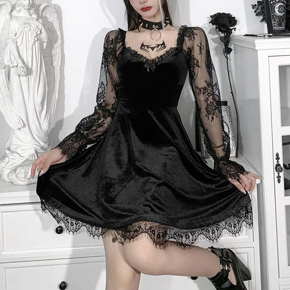 Romantic Gothic Velvet Dress, Elegant Floral Lcae Vestido For Women - Wonder Skull