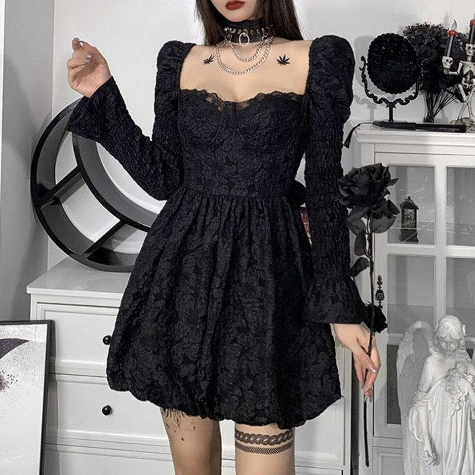 Romantic Goth Long Lace Sleeve Dress, Sexy High Neck Vestido For Women - Wonder Skull