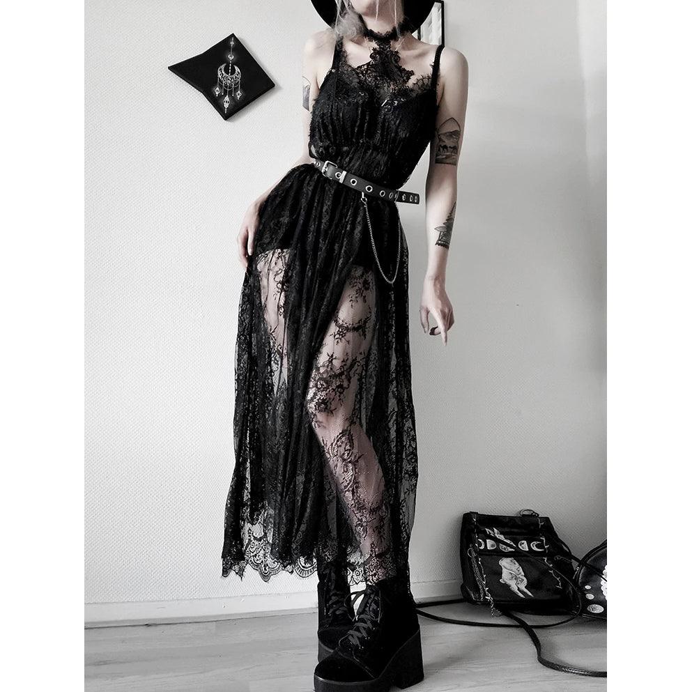 Romatic Gothic Black Lace Dress, Sexy See Through Long Partywear For Women - Wonder Skull
