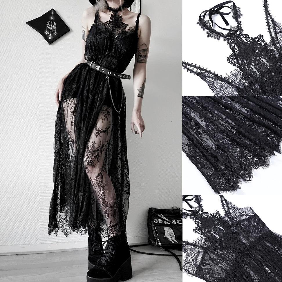 Romatic Gothic Black Lace Dress, Sexy See Through Long Partywear For Women - Wonder Skull