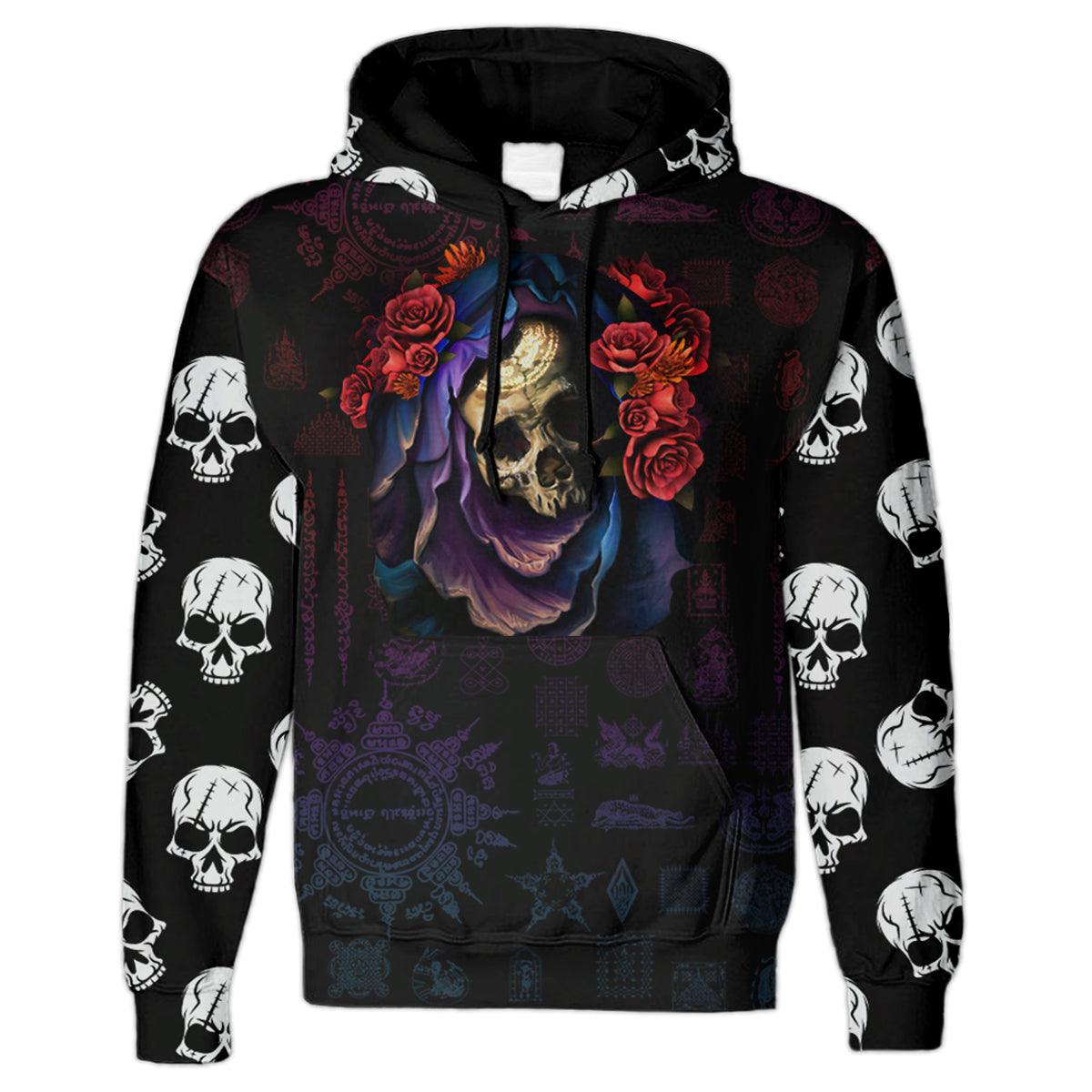Rose Gothic Skull All Over Print Unisex Pullover Hoodie, Vintage Pullover - Wonder Skull