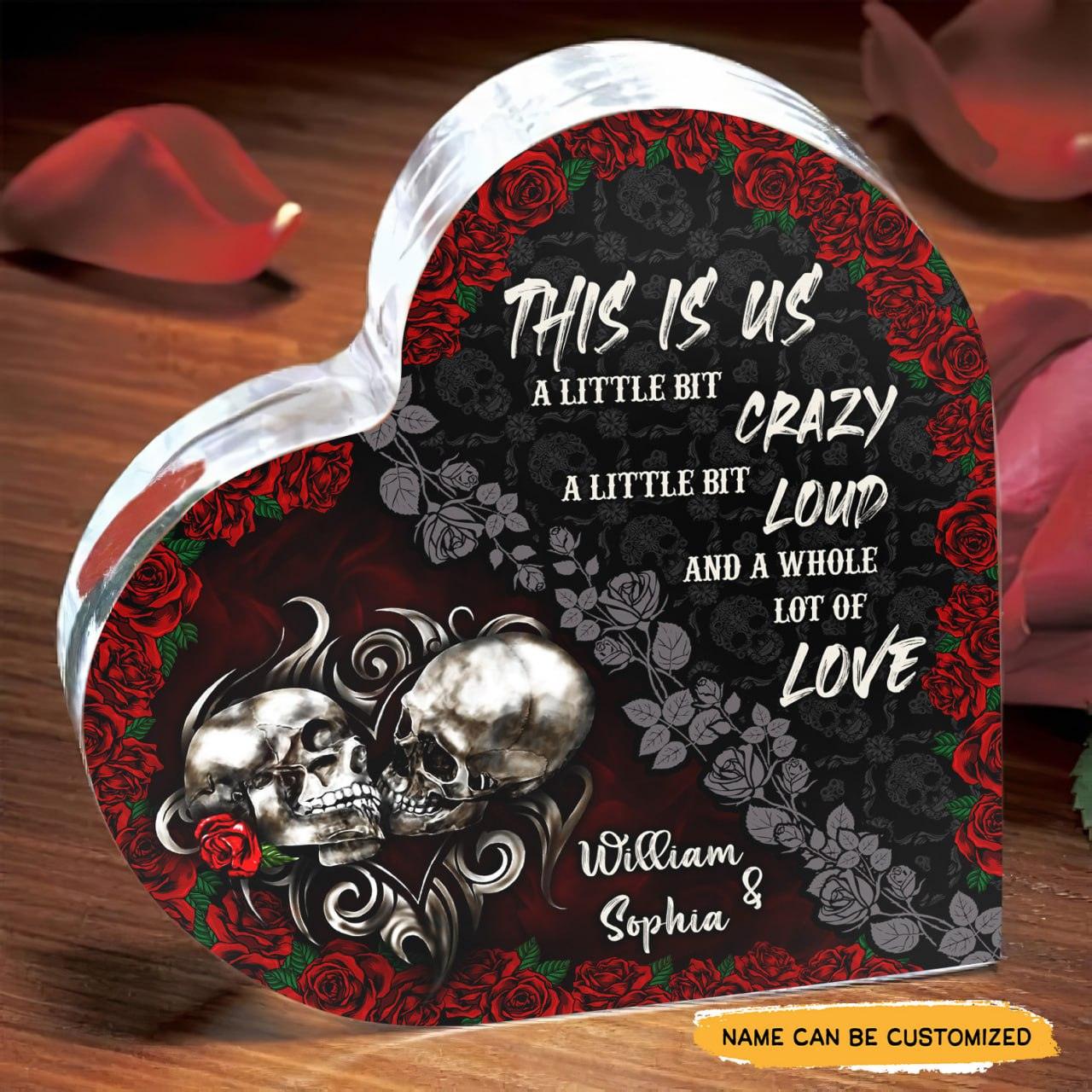 Rose Heart - Customized Skull Couple Crystal Heart Anniversary Gifts - Wonder Skull