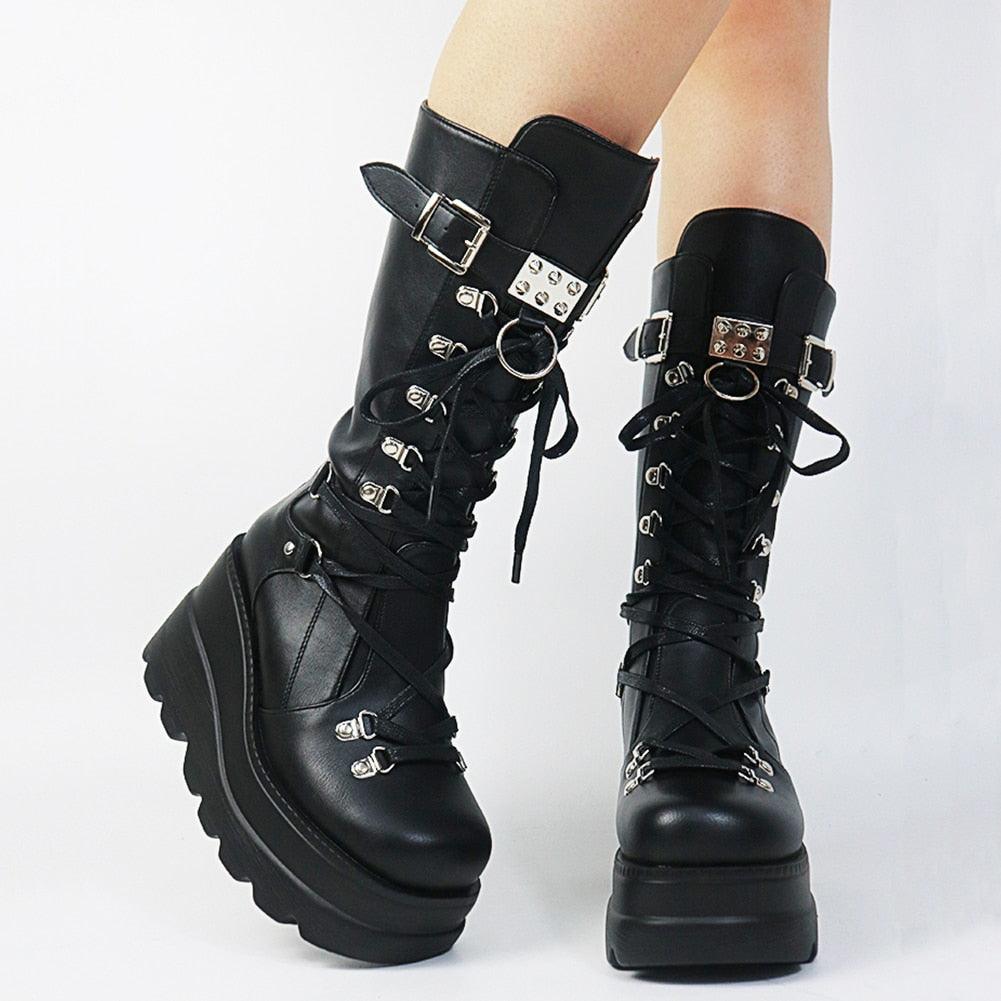 Punk Gothic High Platform Boots, Amazing Lace-Up Mid-Calf Shoes For Women - Wonder Skull