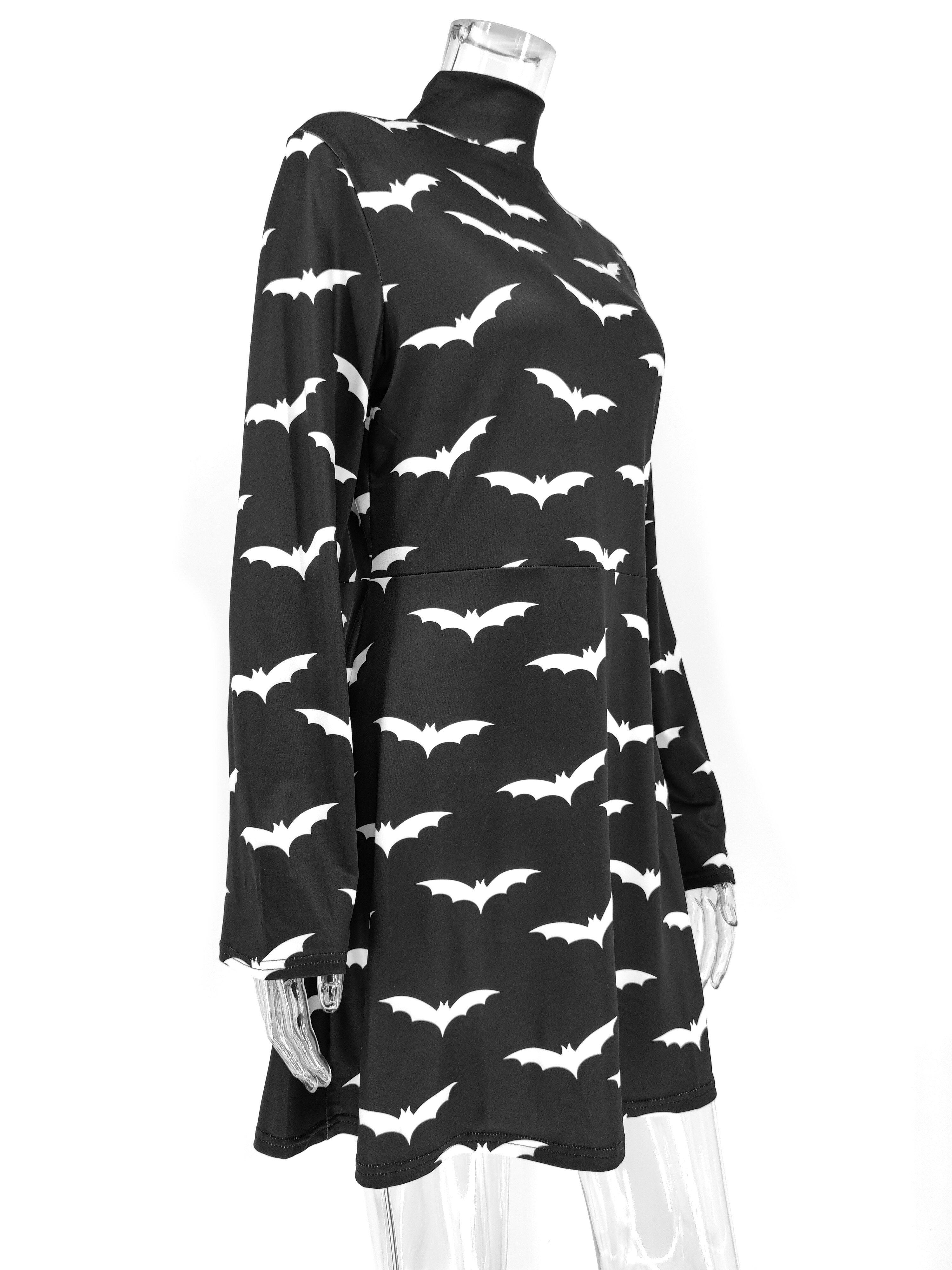 Gothic Black Bat Printed Turtleneck Dress, Beautiful Long Sleeve Vestidos For Women - Wonder Skull
