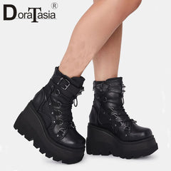 Punk Gothic High Platform Boots, Amazing Lace-Up Mid-Calf Shoes For Women - Wonder Skull