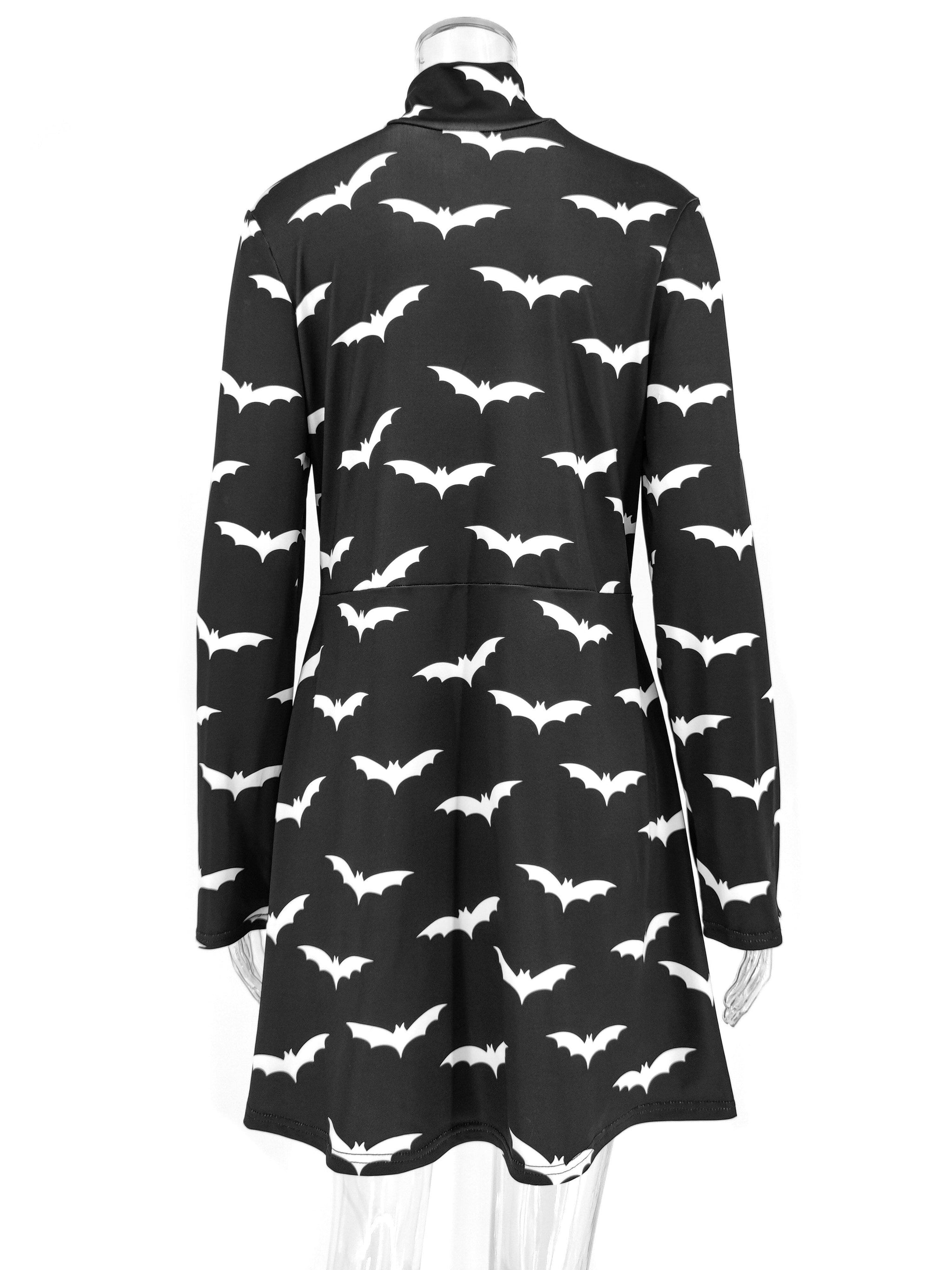 Gothic Black Bat Printed Turtleneck Dress, Beautiful Long Sleeve Vestidos For Women - Wonder Skull