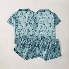 Skull Flower Gothic Cyan Sexy Pajama Sets With Short Sleeve - Wonder Skull