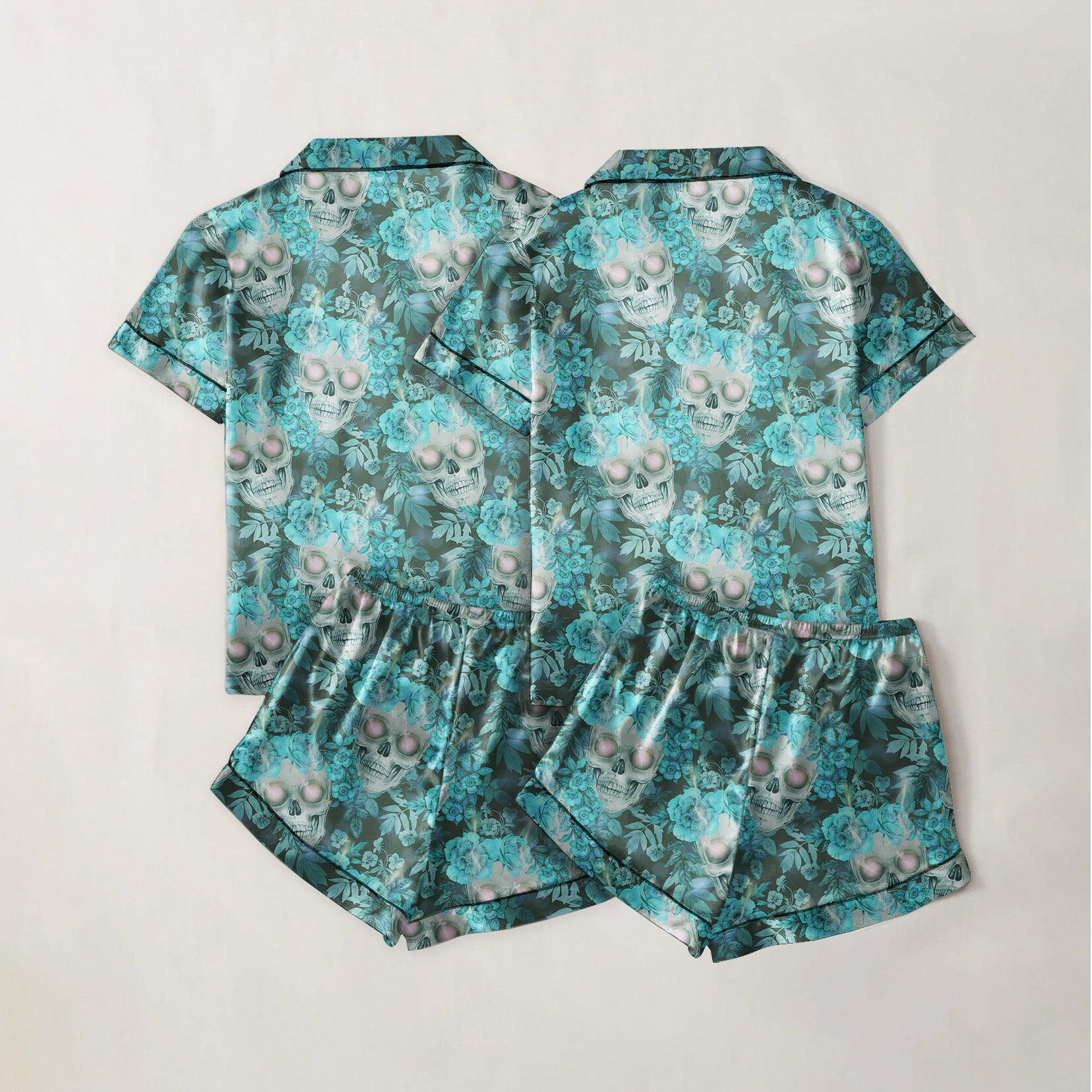 Cool Skull Flower Pattern Sexy Pajama Sets With Short Sleeve - Wonder Skull