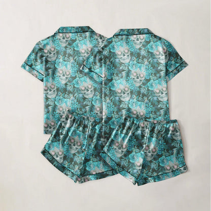 Cool Skull Flower Pattern Sexy Pajama Sets With Short Sleeve - Wonder Skull