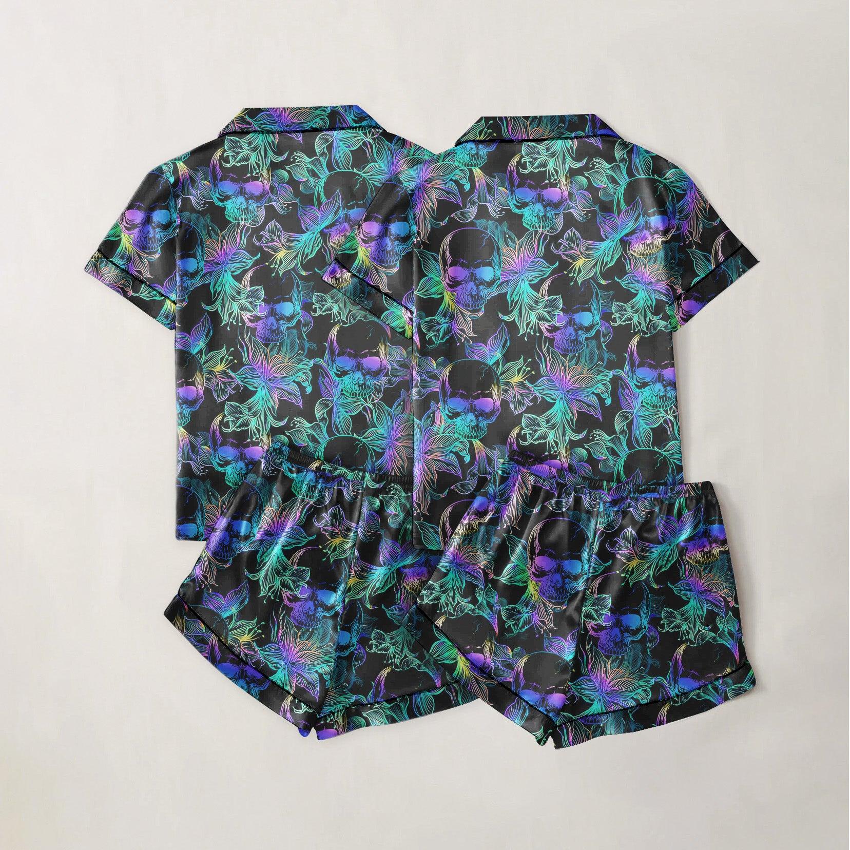 Skull Lotus Colorful Sexy Pajama Sets With Short Sleeve - Wonder Skull