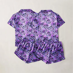 Skull Flower Purple Sexy Pajama Sets With Short Sleeve - Wonder Skull