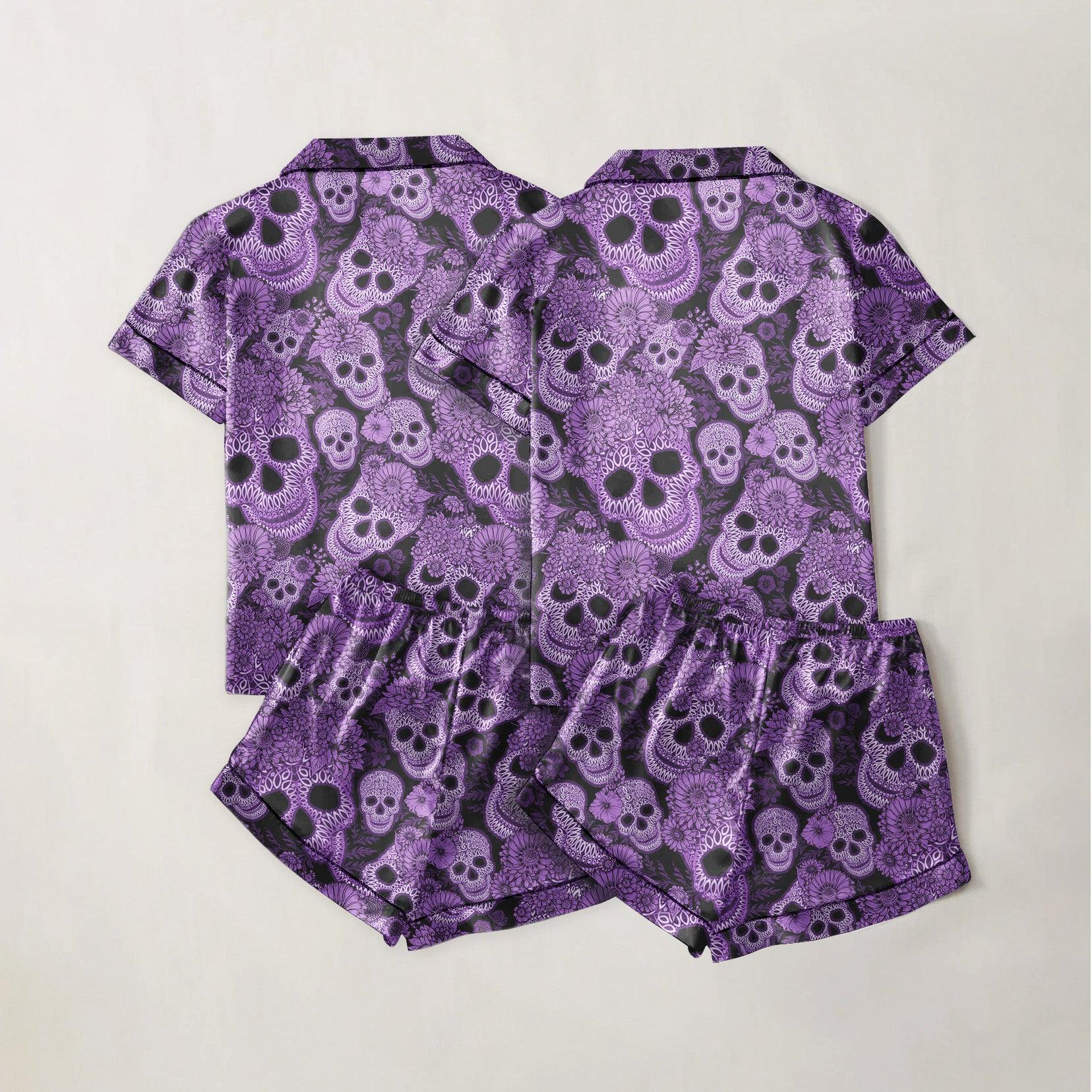 Skull Sugar Purple Sexy Pajama Sets With Short Sleeve - Wonder Skull