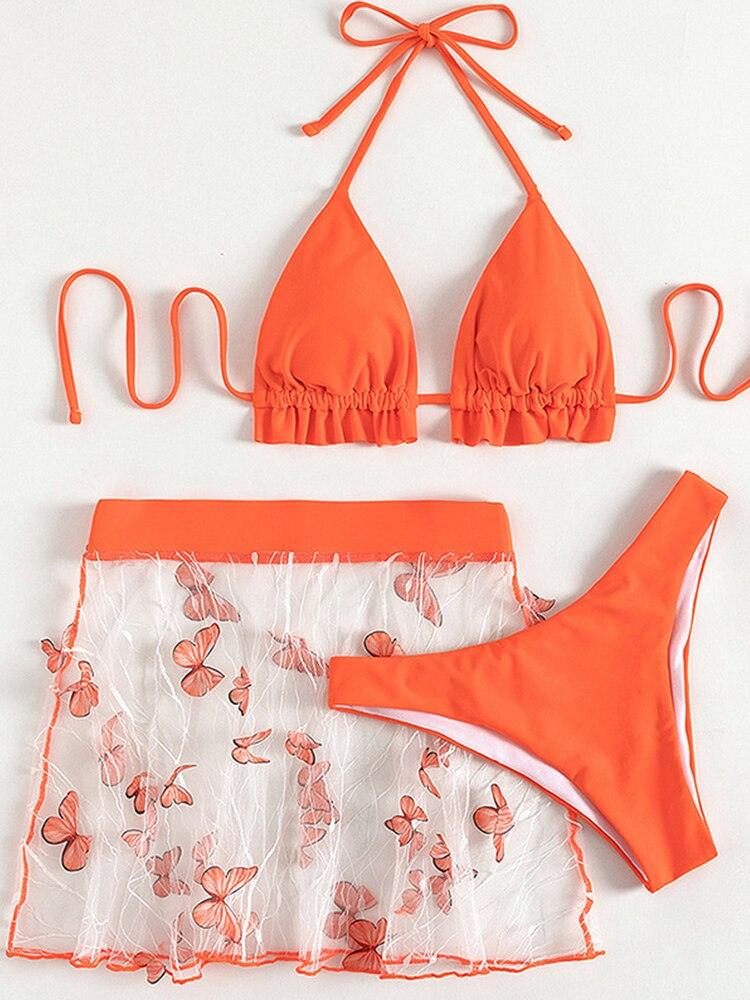 Sexy Three Pieces Bikini With Butterfly, Creative Mesh Beach Cover Up Swimwear For Women - Wonder Skull