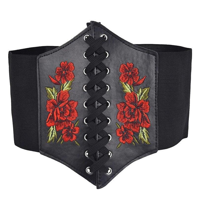 Beautiful Rose Embroidery Pattern Lace-up Corset Belt, Tied Corset Waist Belt For Women - Wonder Skull