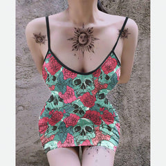 SeaGreen Skull Lovers Printed Body Dress, Naughty Sleeveless Minidress For Women-Wonder Skull