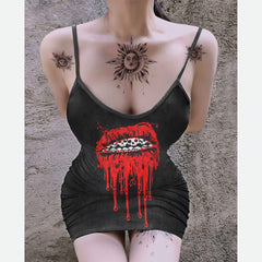 Sexy Bloody Skull Lips Printed Body Dress, Naughty Sleeveless Minidress For Women-Wonder Skull