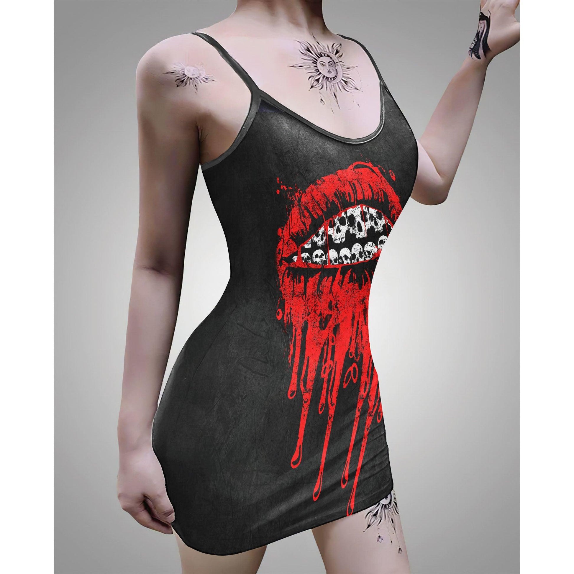 Sexy Bloody Skull Lips Printed Body Dress, Naughty Sleeveless Minidress For Women-Wonder Skull