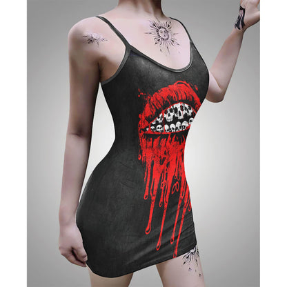 Sexy Bloody Skull Lips Printed Body Dress, Naughty Sleeveless Minidress For Women-Wonder Skull