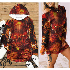 Sexy Fire Orange Skull Print Open Shoulder Dress-Wonder Skull