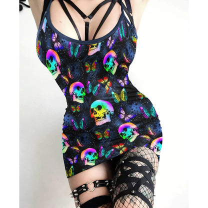 Sexy Gradient Skull Butterfly Print Dress -Wonder Skull