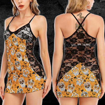 Sexy Orange Sugar Skull Pattern Lace Cami Dress - Wonder Skull