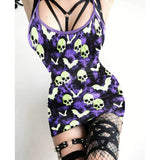 Sexy Purple Green Skull Bat Gothic Print Dress For Women- Wonder Skull