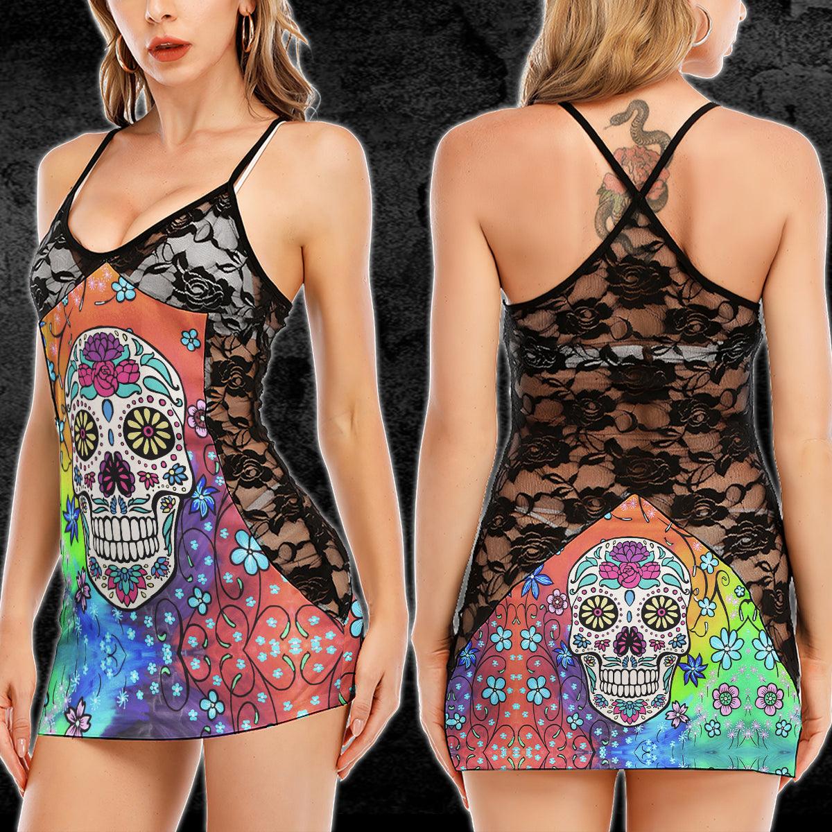 Sexy Rainbow Mandala Skull Lace Cami Dress - Wonder Skull