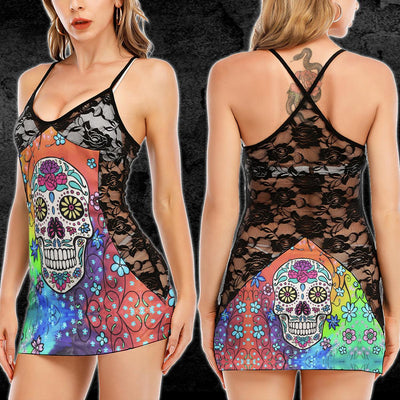 Sexy Rainbow Mandala Skull Lace Cami Dress - Wonder Skull
