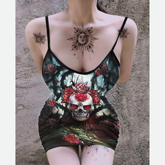Sexy  Skull Rose Abtract Gothic Print Dress-Wonder Skull
