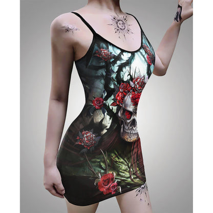 Sexy  Skull Rose Abtract Gothic Print Dress-Wonder Skull