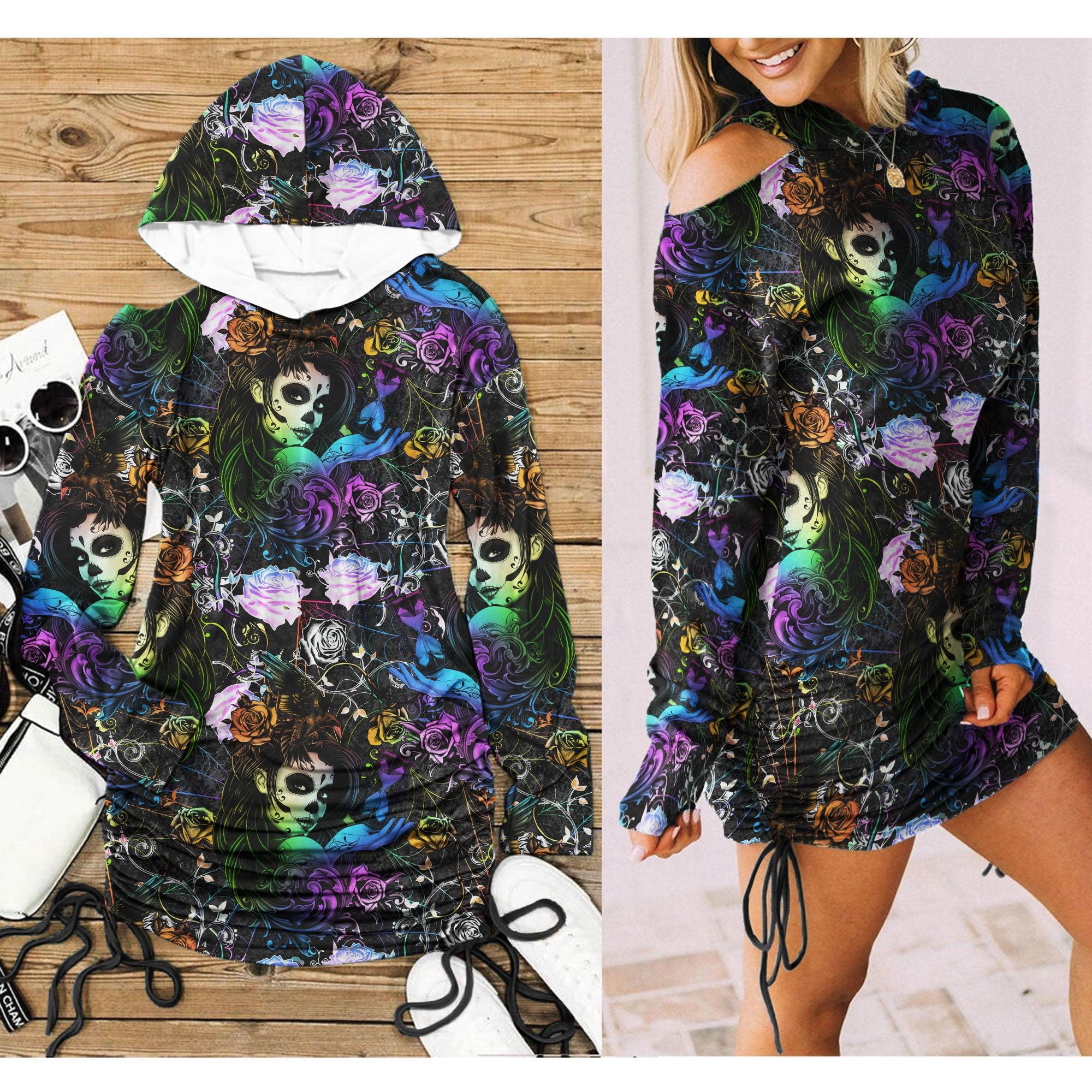 Skull Girl All-Over Print Women One Shoulder Dress With Waist Shirring, Hot Long Hoodie For Women - Wonder Skull