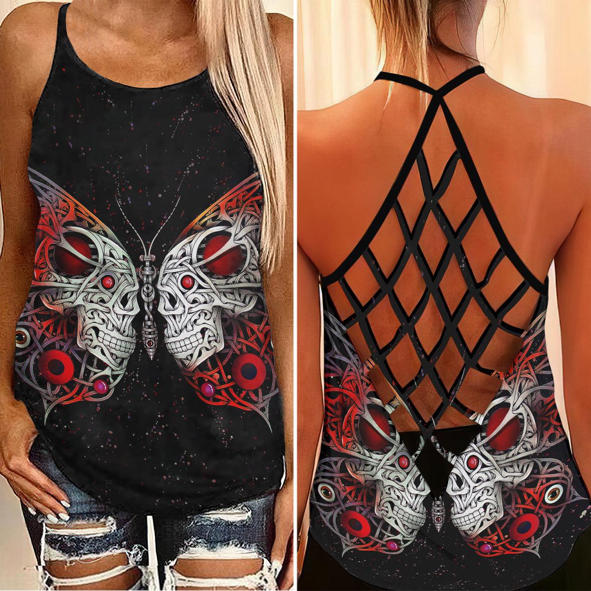 Skull Gothic Butterfly Criss-Cross Open Back Tank Top, Coolest T-Shirt For Women - Wonder Skull